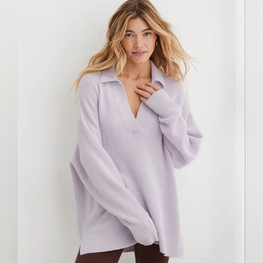 Aerie Waffle‎ Cozy Purple Polo Oversized Colorful Lavender Sweater Pullover